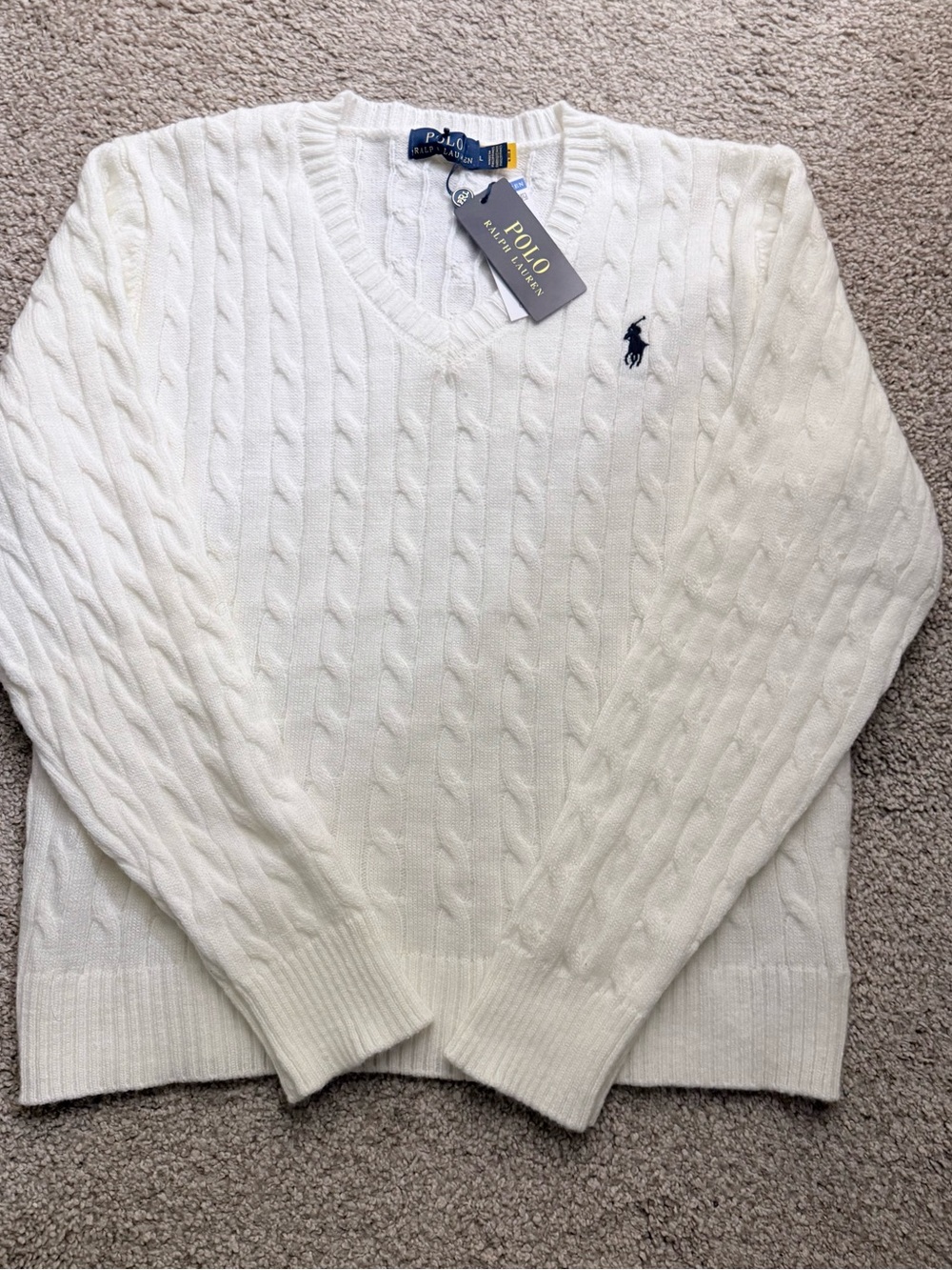 Ralph Lauren Women’s White Cable Knit V-Neck Sweater with Navy Pony